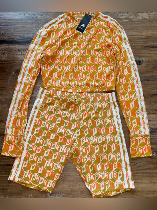 adidas Pants - adidas X farm Rio running short, set, orange and olive geometric two-piece track
